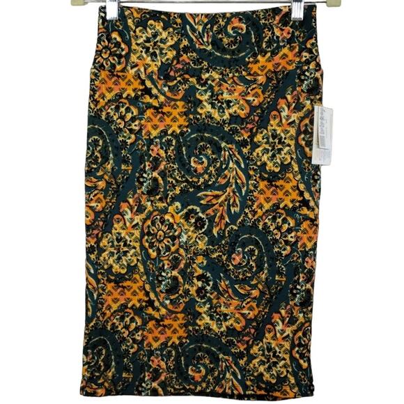 A Lularoe Women's Cassie Green Orange Scroll Floral Pencil Knee Skirt NWT XS - Picture 1 of 8